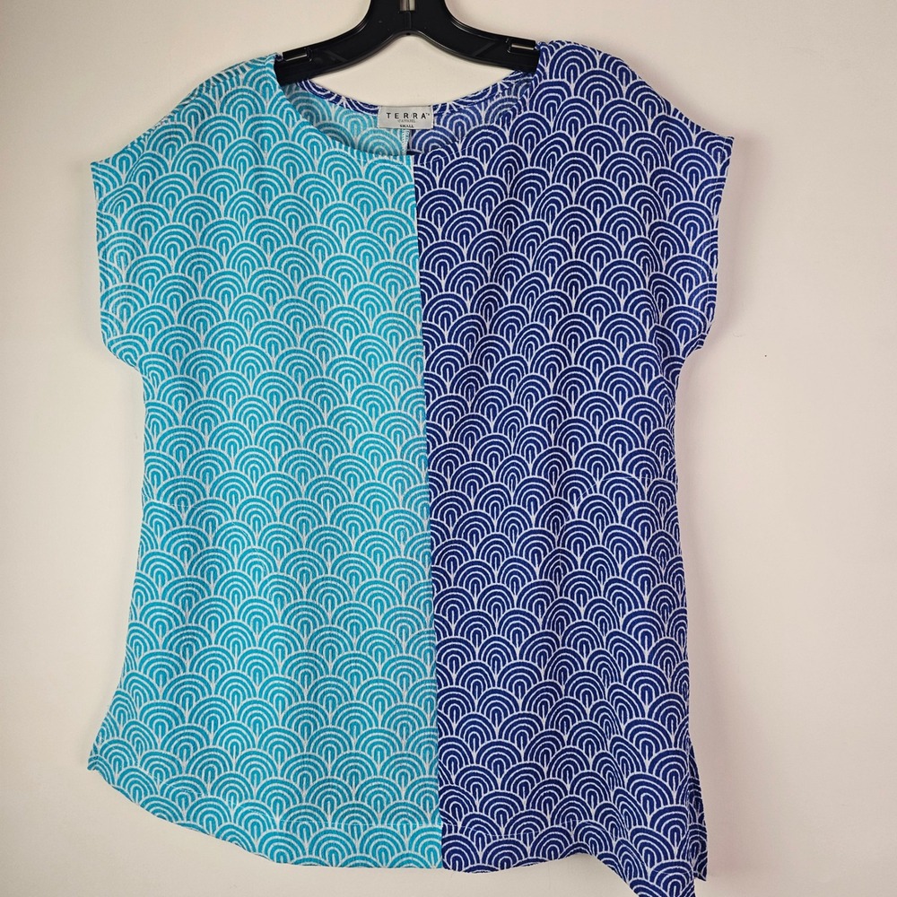 Terra by SJ Apparel Womens Small Blue Turquoise Colorblock Wave Print Blouse Top